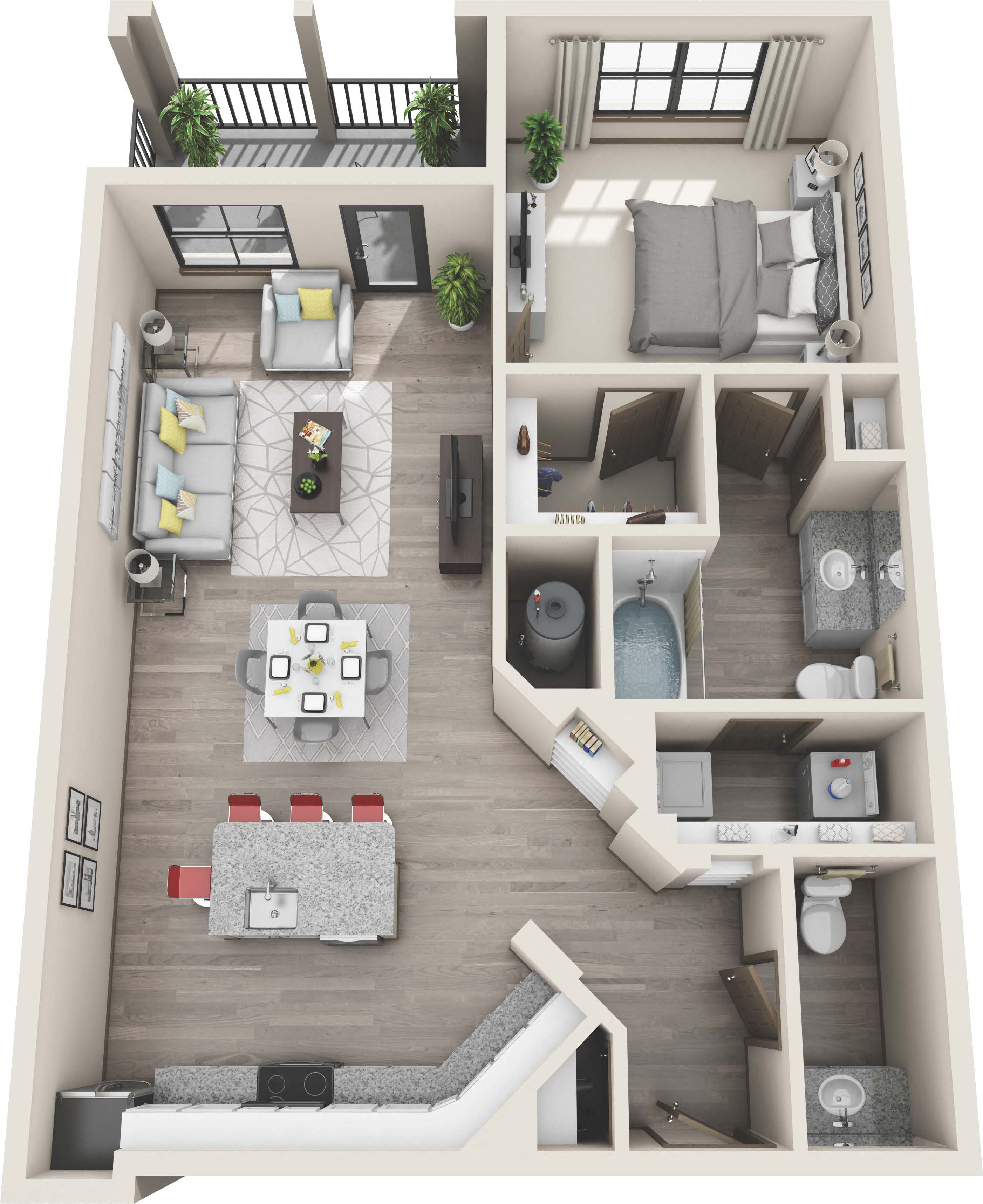 Floor plan for 1 bed, 1 bath, 832 sqft